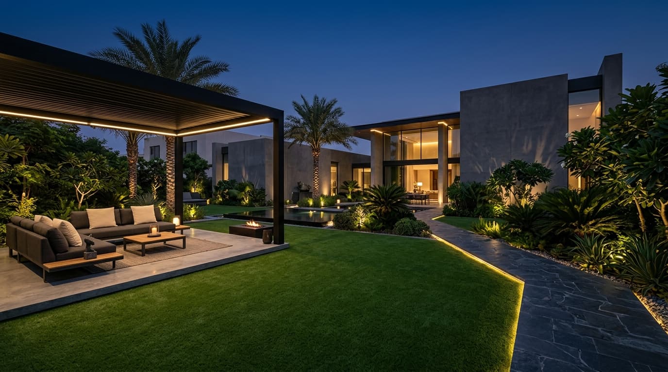 Luxury villa garden at dusk